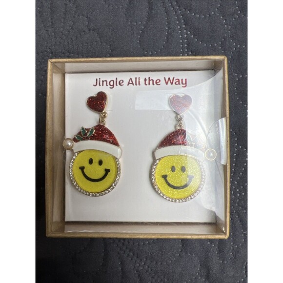 SMILEY FACE Happy Face Earrings Christmas HOLIDAY Pierced SANTA HAT Chic Gifting - Picture 1 of 8